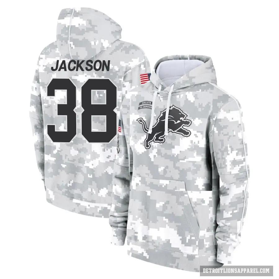 Youth ＃38 Justin Jackson Detroit Lions Arctic Camo 2024 Salute to Service Club Fleece Pullover Hoodie