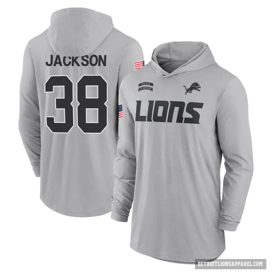 Youth ＃38 Justin Jackson Detroit Lions Gray 2024 Salute to Service Lightweight Performance Long Sleeve Hooded T-Shirt