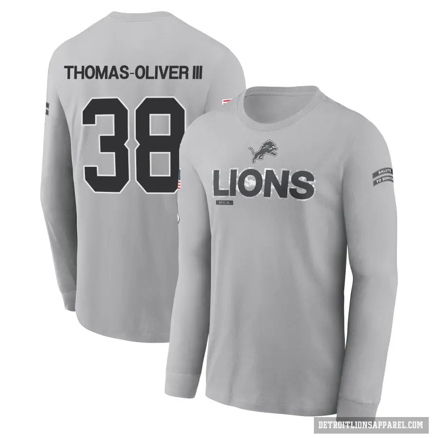 Youth ＃38 Stantley Thomas-Oliver III Detroit Lions Gray 2024 Salute to Service Long Sleeve T-Shirt