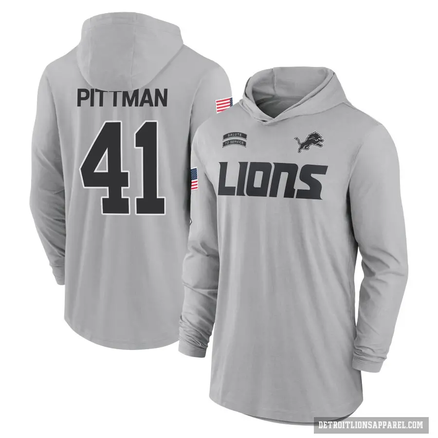 Youth ＃41 Anthony Pittman Detroit Lions Gray 2024 Salute to Service Lightweight Performance Long Sleeve Hooded T-Shirt