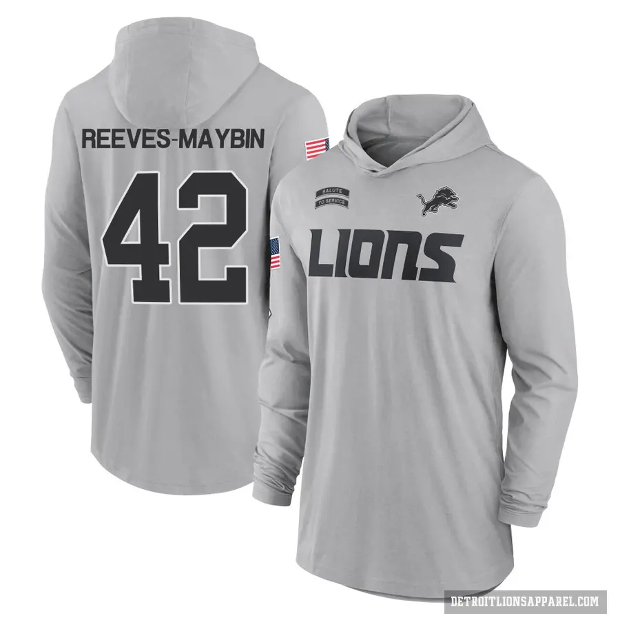 Youth ＃42 Jalen Reeves-Maybin Detroit Lions Gray 2024 Salute to Service Lightweight Performance Long Sleeve Hooded T-Shirt