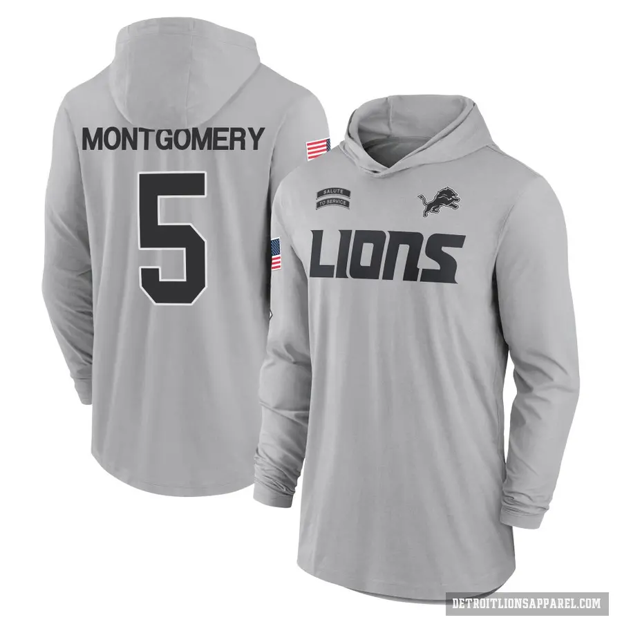 Youth ＃5 David Montgomery Detroit Lions Gray 2024 Salute to Service Lightweight Performance Long Sleeve Hooded T-Shirt