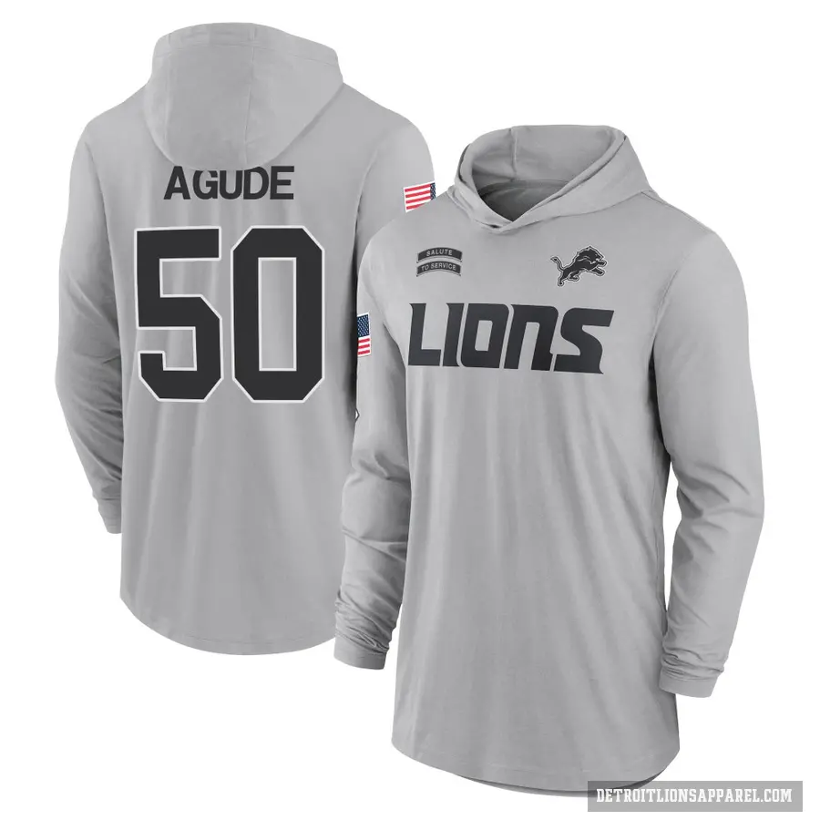 Youth ＃50 Mitchell Agude Detroit Lions Gray 2024 Salute to Service Lightweight Performance Long Sleeve Hooded T-Shirt