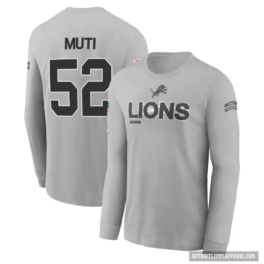 Youth ＃52 Netane Muti Detroit Lions Gray 2024 Salute to Service Long Sleeve T-Shirt