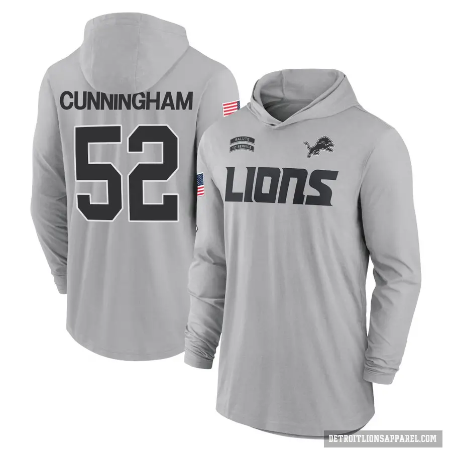 Youth ＃52 Zach Cunningham Detroit Lions Gray 2024 Salute to Service Lightweight Performance Long Sleeve Hooded T-Shirt