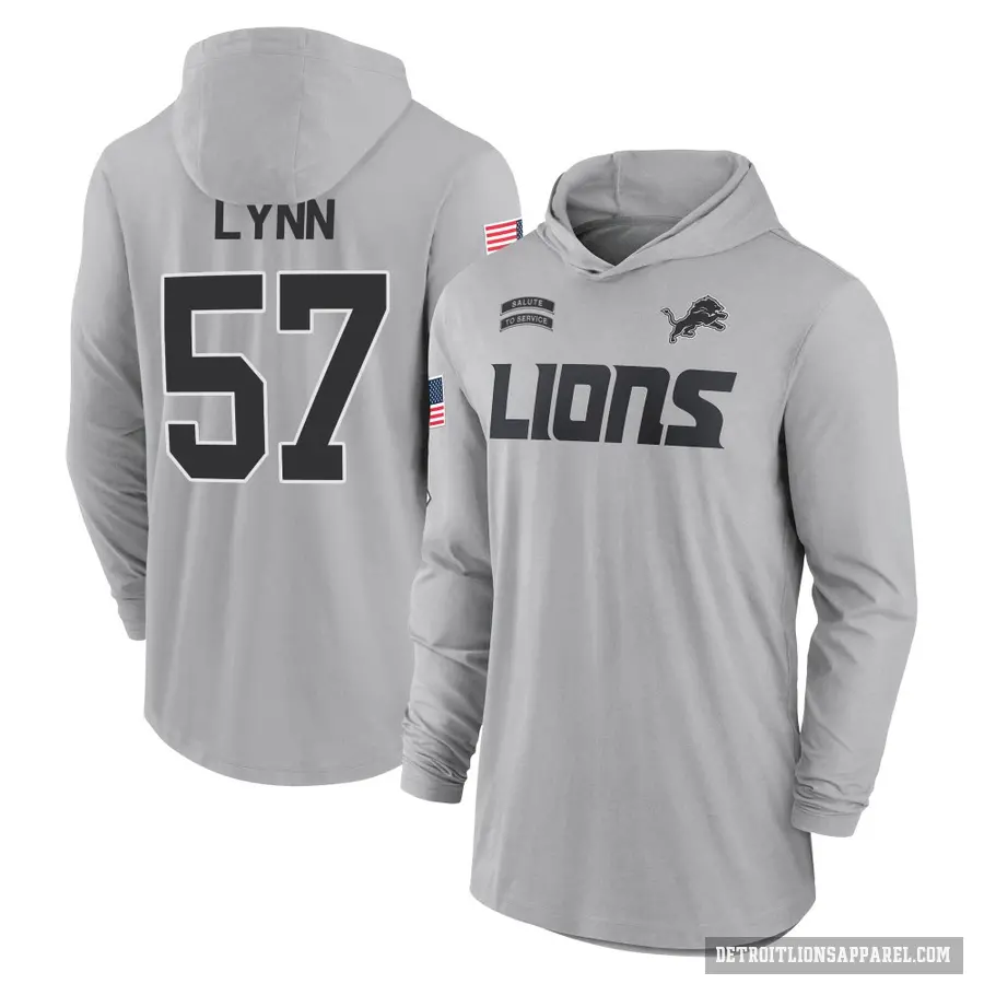 Youth ＃57 Nate Lynn Detroit Lions Gray 2024 Salute to Service Lightweight Performance Long Sleeve Hooded T-Shirt