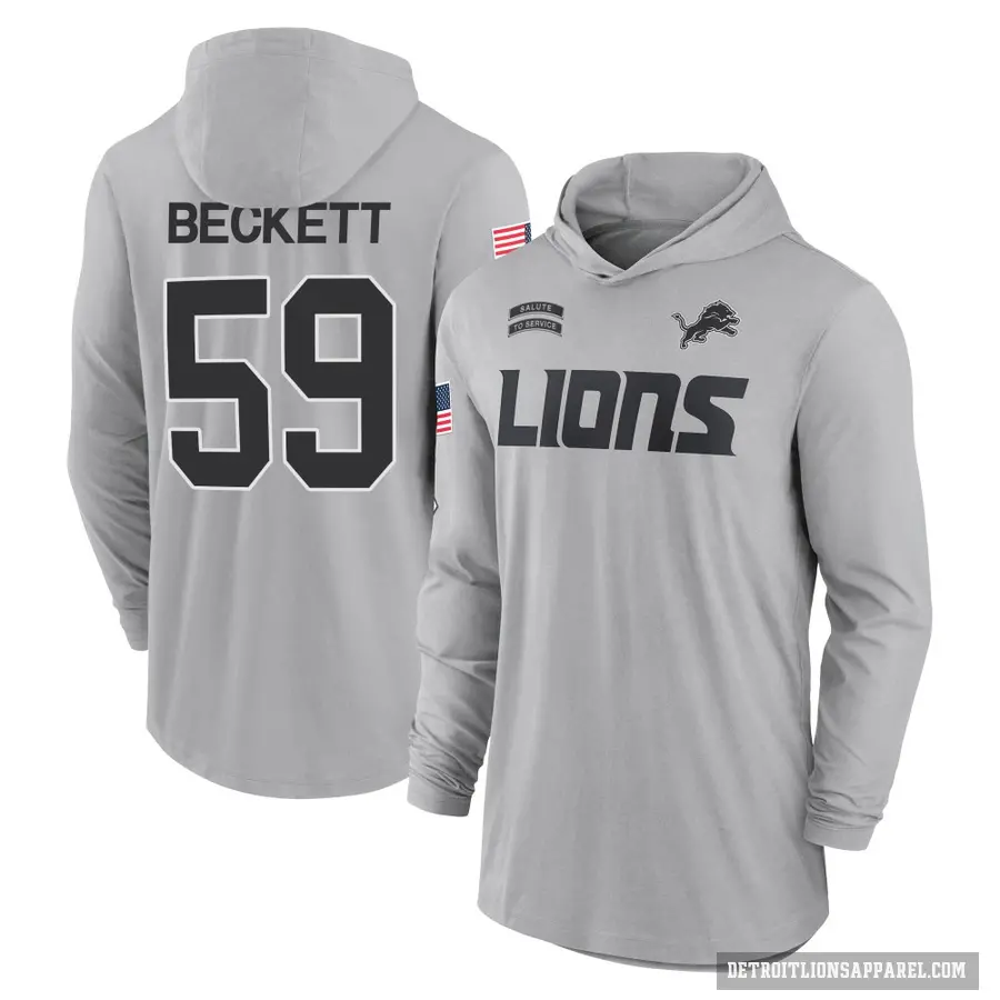 Youth ＃59 Tavante Beckett Detroit Lions Gray 2024 Salute to Service Lightweight Performance Long Sleeve Hooded T-Shirt