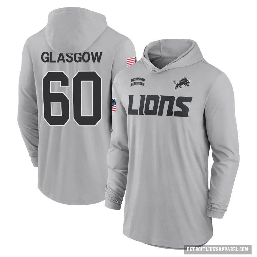 Youth ＃60 Graham Glasgow Detroit Lions Gray 2024 Salute to Service Lightweight Performance Long Sleeve Hooded T-Shirt