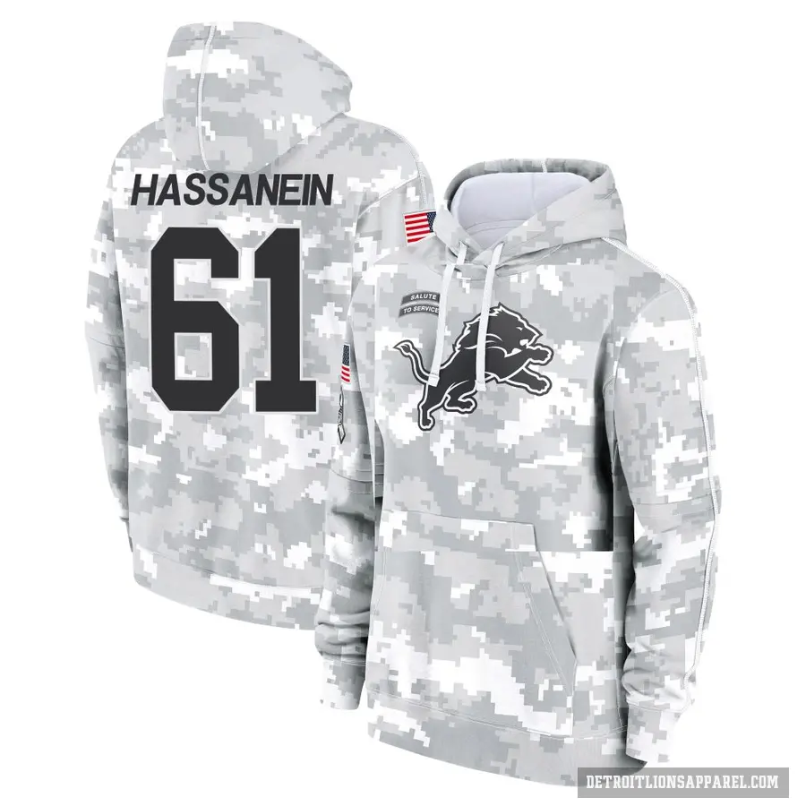 Youth ＃61 Ahmed Hassanein Detroit Lions Arctic Camo 2024 Salute to Service Club Fleece Pullover Hoodie