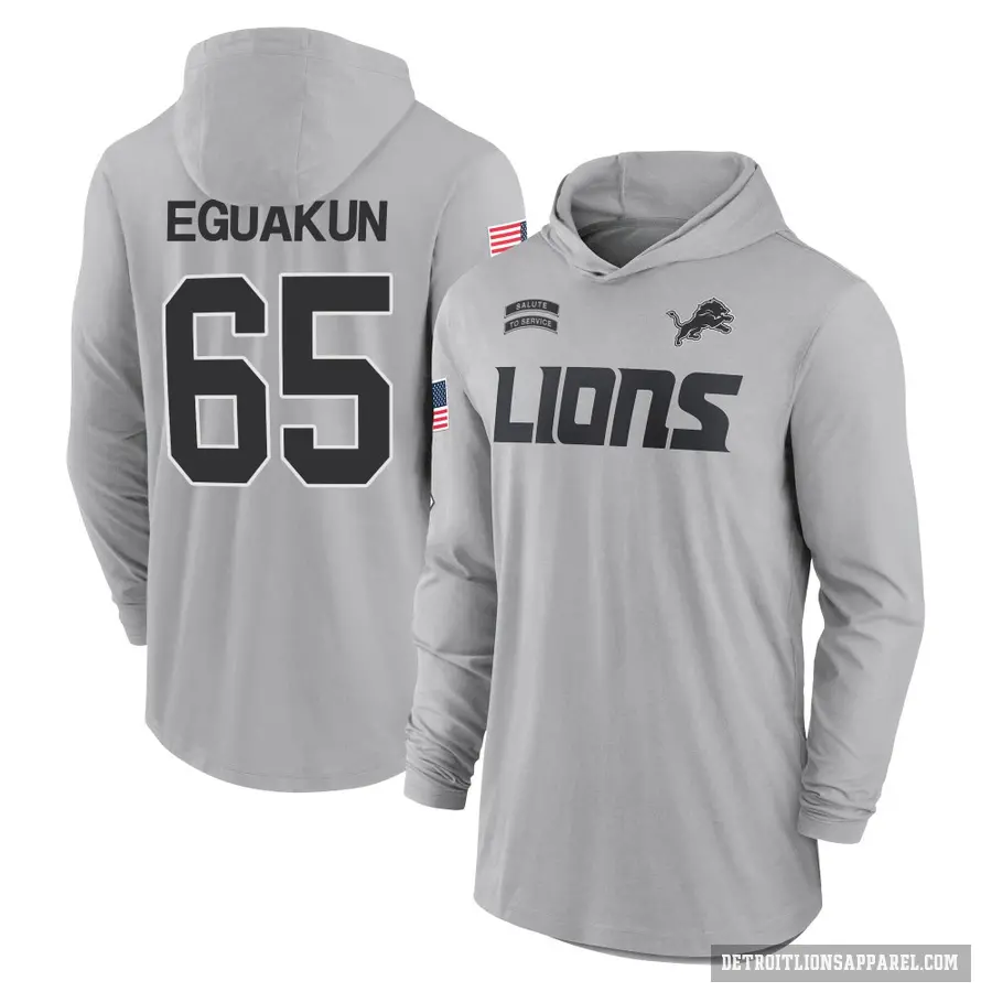 Youth ＃65 Kingsley Eguakun Detroit Lions Gray 2024 Salute to Service Lightweight Performance Long Sleeve Hooded T-Shirt