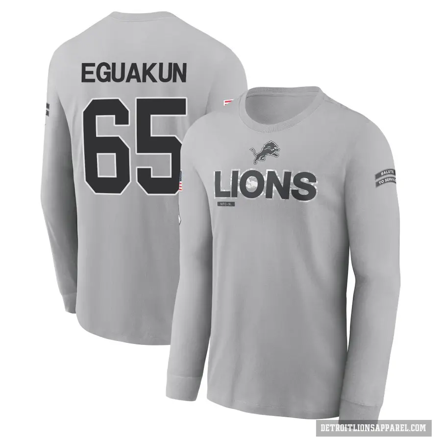 Youth ＃65 Kingsley Eguakun Detroit Lions Gray 2024 Salute to Service Long Sleeve T-Shirt