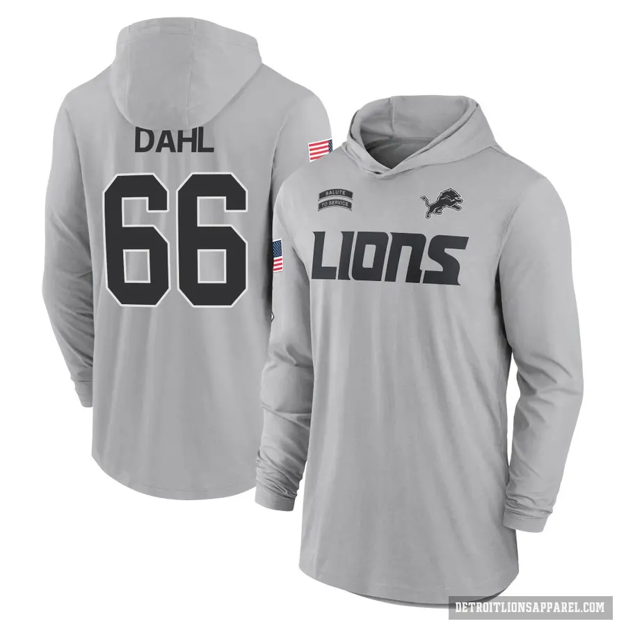 Youth ＃66 Joe Dahl Detroit Lions Gray 2024 Salute to Service Lightweight Performance Long Sleeve Hooded T-Shirt