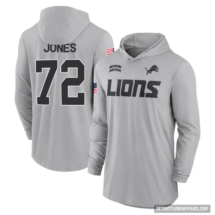 Youth ＃72 Jamarco Jones Detroit Lions Gray 2024 Salute to Service Lightweight Performance Long Sleeve Hooded T-Shirt