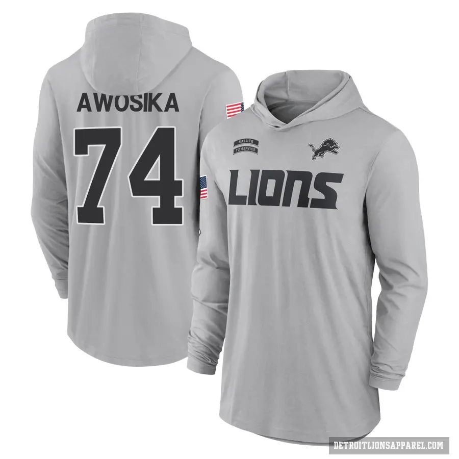 Youth ＃74 Kayode Awosika Detroit Lions Gray 2024 Salute to Service Lightweight Performance Long Sleeve Hooded T-Shirt