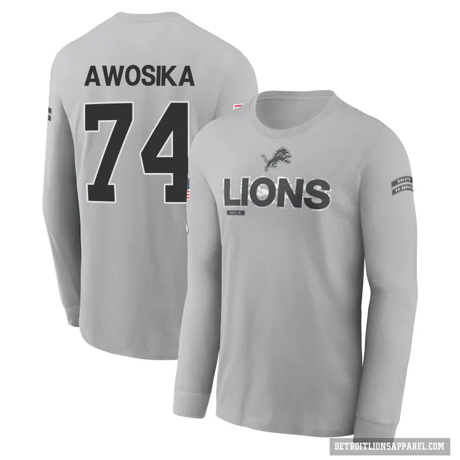 Youth ＃74 Kayode Awosika Detroit Lions Gray 2024 Salute to Service Long Sleeve T-Shirt