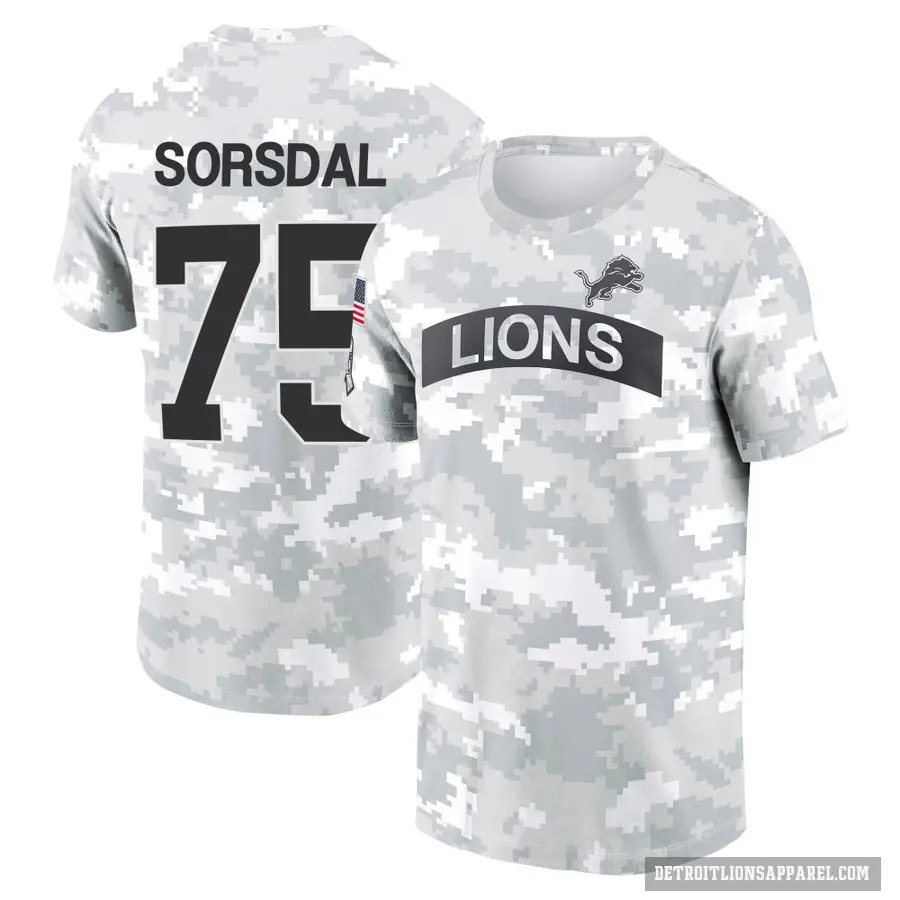 Youth ＃75 Colby Sorsdal Detroit Lions Camo Arctic 2024 Salute to Service Performance T-Shirt