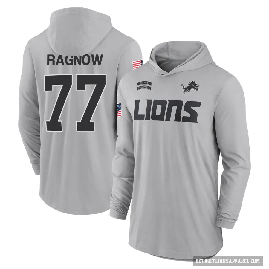 Youth ＃77 Frank Ragnow Detroit Lions Gray 2024 Salute to Service Lightweight Performance Long Sleeve Hooded T-Shirt