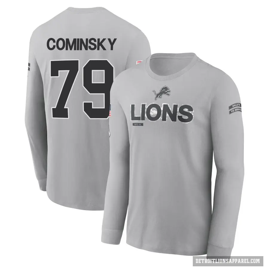 Youth ＃79 John Cominsky Detroit Lions Gray 2024 Salute to Service Long Sleeve T-Shirt