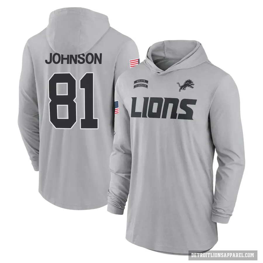 Youth ＃81 Calvin Johnson Detroit Lions Gray 2024 Salute to Service Lightweight Performance Long Sleeve Hooded T-Shirt