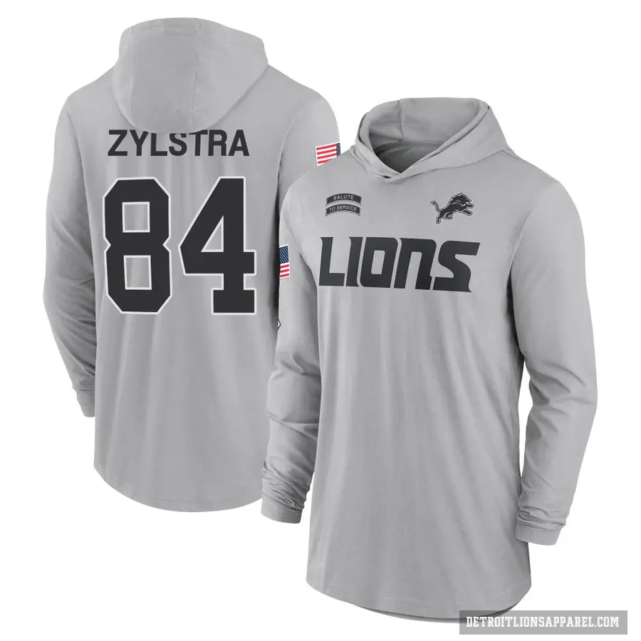 Youth ＃84 Shane Zylstra Detroit Lions Gray 2024 Salute to Service Lightweight Performance Long Sleeve Hooded T-Shirt
