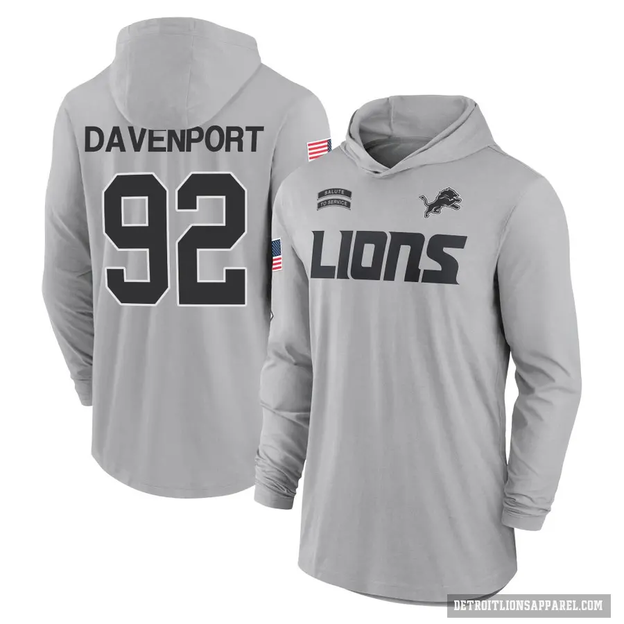 Youth ＃92 Marcus Davenport Detroit Lions Gray 2024 Salute to Service Lightweight Performance Long Sleeve Hooded T-Shirt