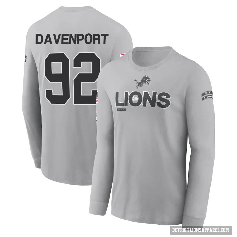 Youth ＃92 Marcus Davenport Detroit Lions Gray 2024 Salute to Service Long Sleeve T-Shirt