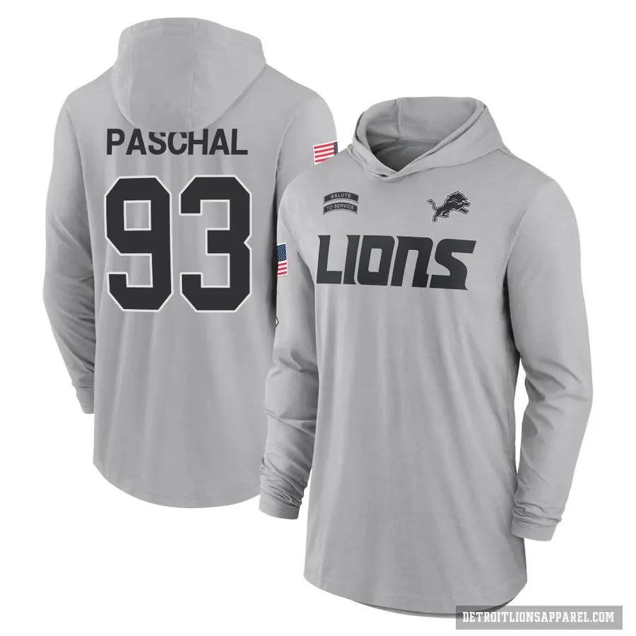 Youth ＃93 Josh Paschal Detroit Lions Gray 2024 Salute to Service Lightweight Performance Long Sleeve Hooded T-Shirt