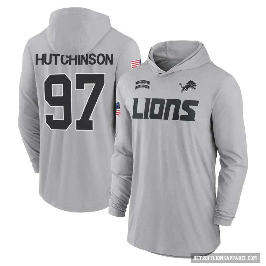 Youth ＃97 Aidan Hutchinson Detroit Lions Gray 2024 Salute to Service Lightweight Performance Long Sleeve Hooded T-Shirt