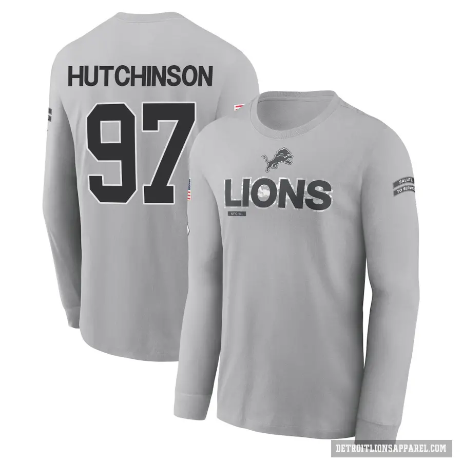 Youth ＃97 Aidan Hutchinson Detroit Lions Gray 2024 Salute to Service Long Sleeve T-Shirt